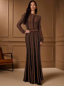 Lilora 优雅撞色圆领长袖长款毛衣连衣裙，秋冬款 - 彩色 - 查看 5