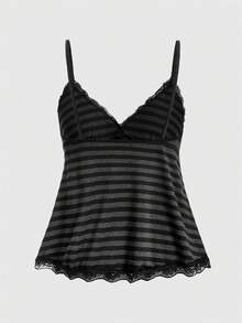 ROMWE Fairycore 條紋圖案蕾絲拼接吊帶上衣