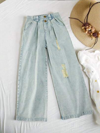 女童阔腿牛仔裤，浅色水洗，爱心刺绣，休闲宽松版型，松紧腰带，适合上学、户外活动、街头穿着、日常穿着、派对、度假、通勤、居家等场合，秋季新品