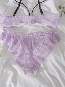 DelicateAllure Set de 2 sujetadores con aros y relleno, push up, con bloqueo de color, parches de encaje, volantes, encaje floral, lindo y fresco conjunto de lencería cómoda tipo balconette para mujeres - Púrpura malva - Ver 8