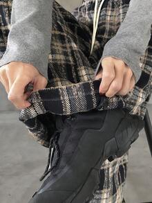 FRIFUL 女士格子抽绳腰直筒休闲裤，百搭 - 黑色 - 查看 5