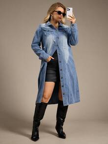 Plus 1pc Flap Pocket Ripped Denim Coat, Fall Women Clothes - Light Wash - View 6