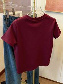 Resyla Kaos Wanita Lengan Pendek Leher Bulat Minimalis dengan Bordir Bunga, Hadiah untuk Teman - Burgundy - View 2