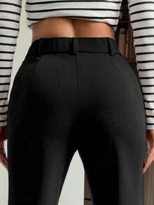 Muchica 女式纯色前扣休闲修身喇叭裤黑色