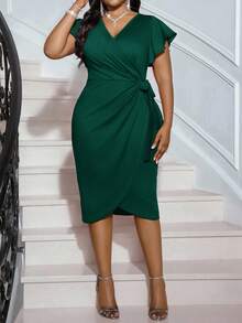 SHEIN Lady Váy ôm sát tay bèo ren cổ tròn màu đỏ đậm, dáng midi, tay ngắn, cỡ lớn, thích hợp cho tiệc cocktail, hòa nhạc, lễ hội âm nhạc, đi làm, đi chơi, mùa xuân và hè - Màu xanh lá cây đậm - Xem 4