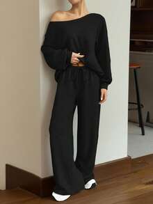 SHEIN EZwear 女士纯色斜肩长袖上衣和长裤休闲套装