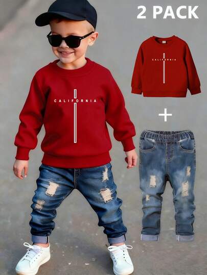 SHEIN Conjunto de ropa de 2 piezas para niños pequeños con sudadera de cuello redondo con gráfico de letra cruzada de California en color rojo y jeans de mezclilla, conjunto de ropa de otoño con estilo casual y minimalista