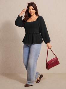 Elaquor Áo sơ mi dài tay họa tiết chắp vá màu đen cổ điển thường ngày cỡ lớn dành cho nữ - màu đen - Xem 6