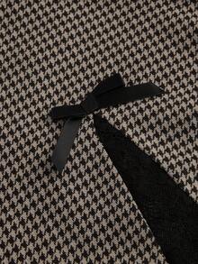 SHEIN MOD 女士束胸紧身胸衣式连衣裙，撞色蕾丝，千鸟格印花，蝴蝶结，开衩设计，返校季服装，抹胸连衣裙，不含胸罩