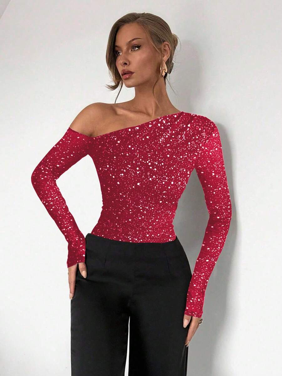 Almamuse Body de manga larga con estampado de lunares metálicos y malla, con hombros descubiertos, para mujer - Rojo - Ver 1