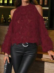 SHEIN Clasi 女士纯色休闲/办公露肩长袖简约纽扣衬衫 - 酒紅色 - 查看 6