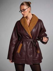 SHEIN BAE 秋冬女士时尚仿皮草大衣 - 酒紅色 - 查看 4