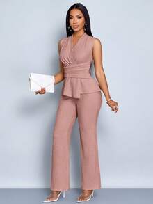 SOLERSUN 女款杏色优雅V领长袖T恤阔腿裤两件套不对称下摆两件套日常休闲女装春夏无袖短袖 - 淺粉色 - 查看 8