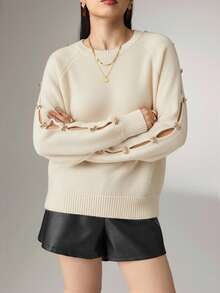 Heiryn Áo len dệt kim rỗng trang trí nơ đa năng thời trang nữ, Thu/Đông - Màu be - Xem 5