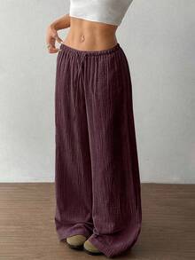 Flirla 女士柔软棉质纱布休闲裤，超低腰纯色松紧腰直筒设计 - 棕色 - 查看 3