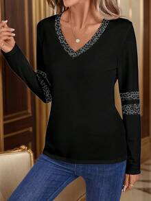 EMERY ROSE 女士休闲豹纹拼接V领长袖T恤，春秋季 - 深灰色 - 查看 7