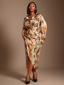 SHEIN SXY Váy sơ mi xẻ tà cao họa tiết tie-dye thời trang tối giản thường ngày cho nữ cỡ lớn - Nhiều màu - Xem 5