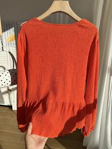 Comfortcana 大码女式橙色休闲衬衫，简约时尚，适合日常穿着 - 橘色 - 查看 5