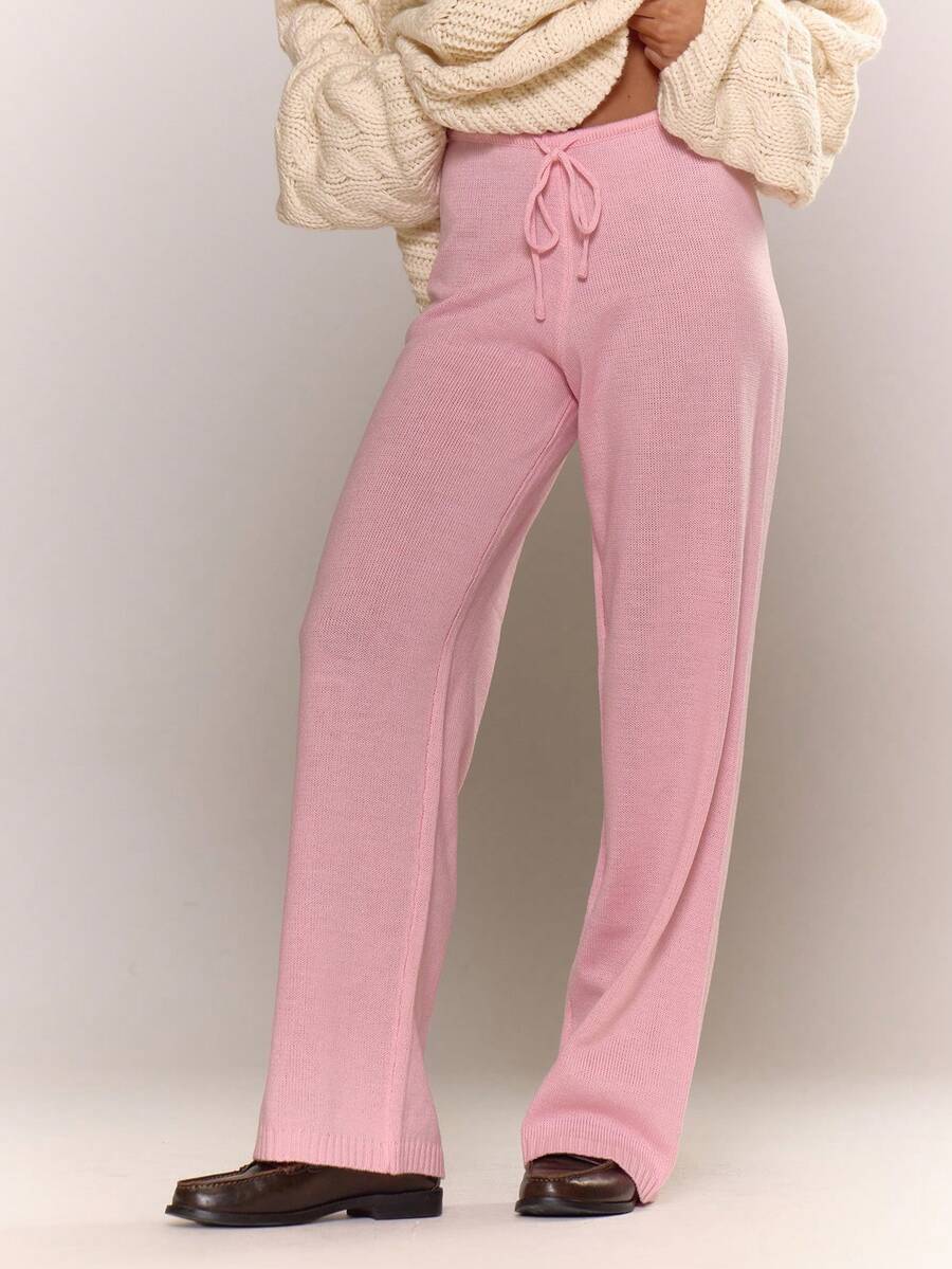 MUSERA Low Rise Drawstring Waist Rib Knit Wide Leg Casual Trousers Winter Everyday Office - Baby Pink - View 1