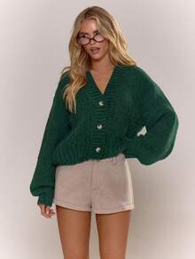 MUSERA 超大款纽扣开襟灯笼袖针织开衫，可爱优雅休闲街头风，性感外出太妃糖色，优雅晚宴派对冬季必备 - 綠色 - 查看 3