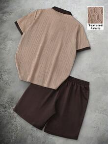 Manfinity Homme 男士撞色V领短袖T恤套装（2件装）搭配抽绳松紧腰短裤，休闲百搭，适合度假、日常办公、约会、聚会等场合，简约风格，经典山本耀司设计，自用或送礼皆宜。 - 彩色 - 查看 2