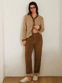 SHEIN Doze Lane 女士毛绒提花撞色开襟长袖上衣和裤子睡衣套装，家居服套装，舒适秋季睡衣套装，冬季服装，蓬松柔软 - 彩色 - 查看 3