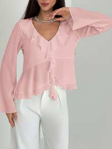 Aloruh 女士新款时尚通勤日常休闲波西米亚风荷叶边装饰深V领长袖修身衬衫 - 藕粉色 - 查看 6