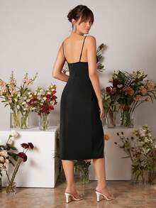 SHEIN Belle 酒红色开衩大腿裹身细节伴娘礼服 - 黑色 - 查看 3