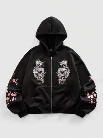 Street Life Felpa con cappuccio casual di moda da uomo con stampa di drago, stile streetwear, top a maniche lunghe