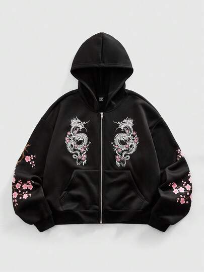 Street Life Sudadera con capucha casual y de moda para hombres con estampado de dragón, estilo streetwear