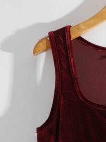 Modelyn 天鹅绒圆领长袖开襟短款外套背心无袖收腰修身连衣裙优雅奢华女士套装 - 酒紅色 - 查看 8
