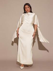 SHEIN BAE Váy satin thắt eo thanh lịch màu mơ cỡ lớn dành cho nữ - Màu be - Xem 6