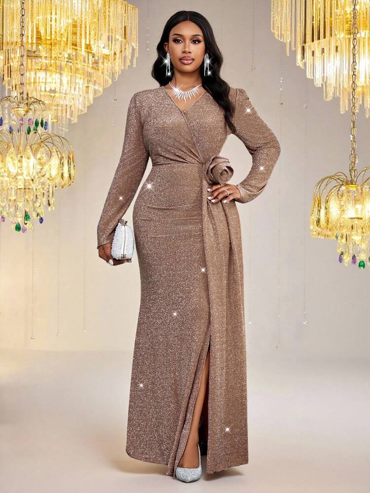 Fleurora Vestido envolvente de color champán de moda para tallas grandes - Champán - Añade 4