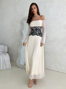 Aloruh 女士秋冬婚礼派对礼服，露肩俏皮蕾丝拼接撞色A字喇叭长袖礼服 - 杏色 - 查看 3