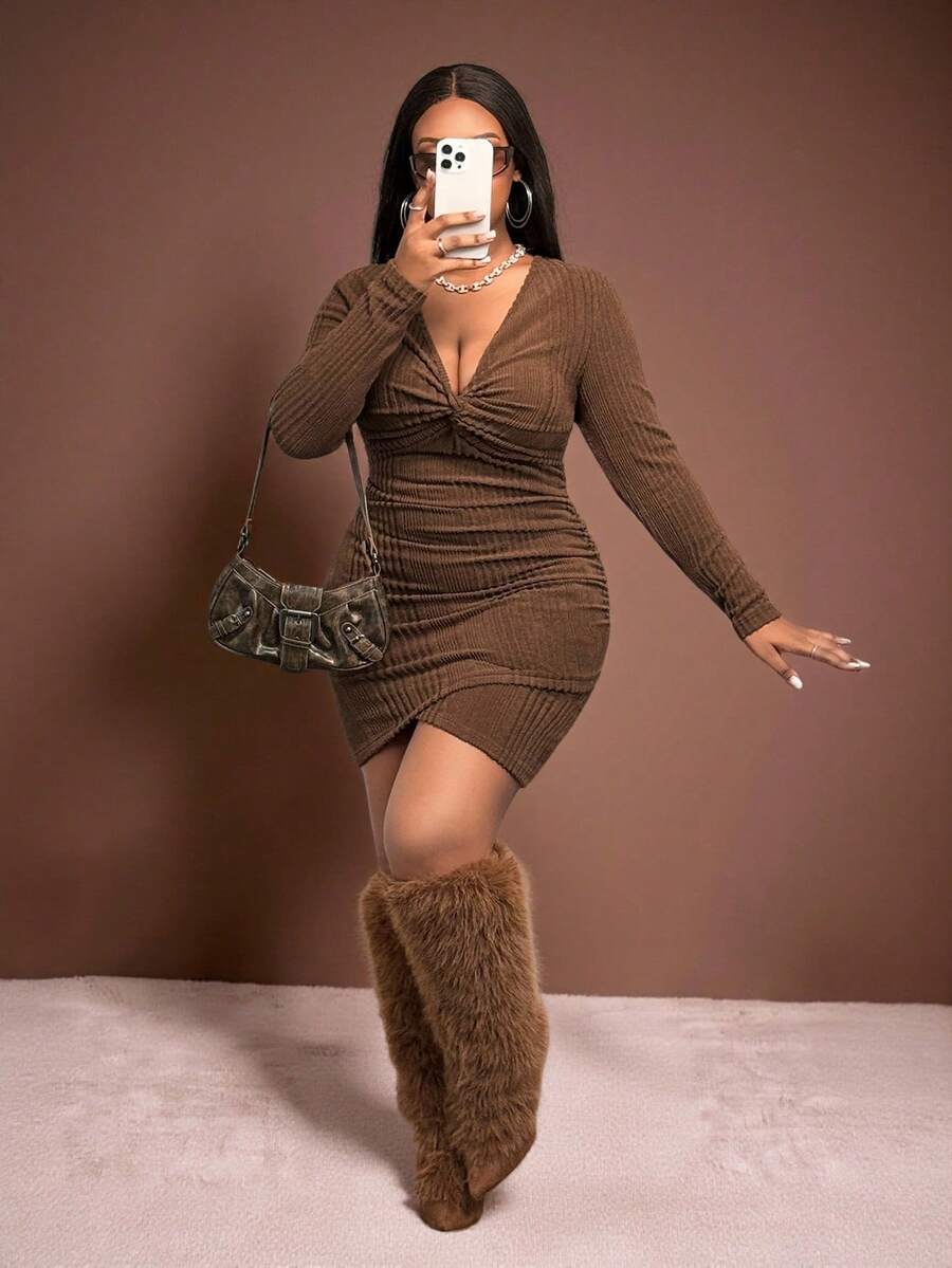 Veslaya Hàng mới về Thu/Đông, thanh lịch, phù hợp mặc hàng ngày, đi chơi, hẹn hò và ở nhà, đầm ngắn màu nâu trơn ôm sát, cổ chữ V, tay dài, xoắn phía trước, vạt xếp ly bất đối xứng, chất vải mềm mại, thích hợp cho dịp Lễ Tạ ơn. - màu nâu - Xem 1