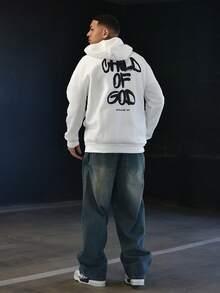 Devon Thys 男式字母印花长袖抽绳休闲连帽运动衫，返校季，秋冬 - 白色 - 查看 6