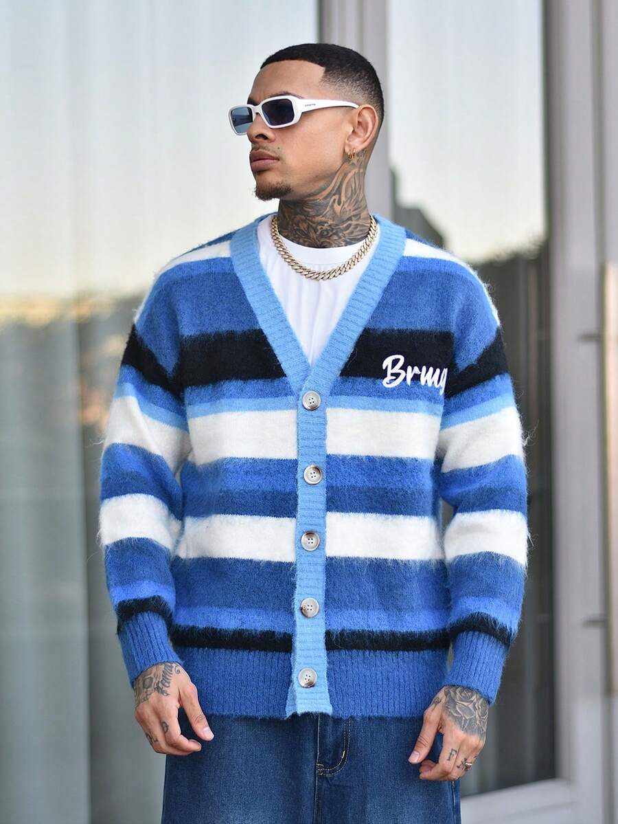 Devon Thys 男士条纹V领开衫长袖毛衣,秋冬款 - 藍色 - 查看 1