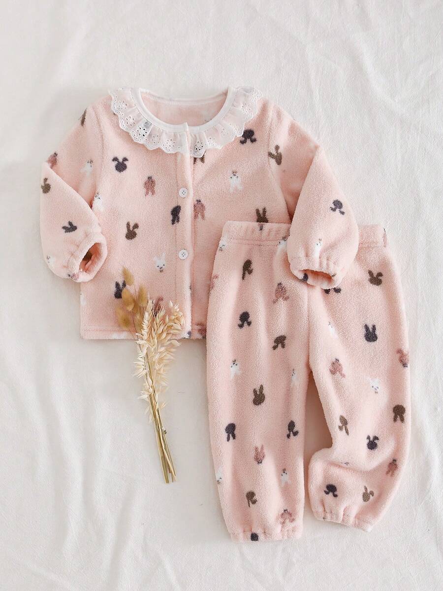 2pcs/Set Baby Girls Pajamas-Pajama Set Crew Neck Long Sleeve Top And Pants Pink Bunny Head Print Lace Collar Button Front Elastic Cuffs Four Season 2026 New Year Essential Baby Girls Clothes Baby Sleep Wear Set Baby Pj Set - Pink - View 1