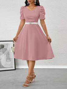 SHEIN Lady Đầm dự tiệc tay bồng màu trơn thanh lịch dành cho nữ - Hồng - Xem 3