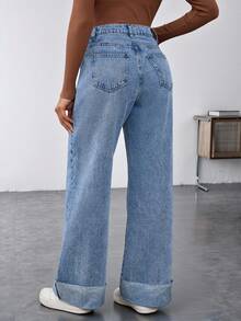 SHEIN Quần jeans bầu cạp cao ống rộng dáng suông đa năng, quần jeans dài màu xanh denim cho nữ, gấu quần xắn lên, thoải mái khi mặc vào mùa đông, Giáng sinh, Năm mới, Lễ Tạ ơn, đi làm, kỳ nghỉ, tốt nghiệp, phong cách Y2K, dễ thương, thời trang đường phố, dự tiệc, đám cưới, thanh lịch, công sở, quần jeans bầu ống rộng hỗ trợ bụng, phong cách tối giản, kiểu mẹ, dễ phối áo sơ mi. - Màu xanh lam - Xem 2