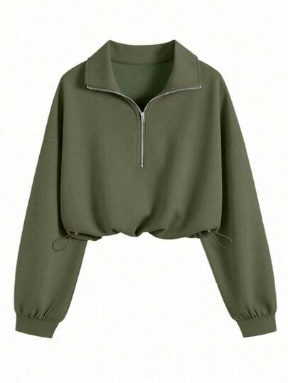 Airaco Casual Solid Color Half Zip Drawstring Hem Sweatshirt