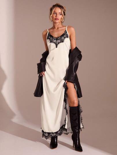Glamine Women's Sleeveless Satin Long Dress White Casual Deep V Neck Cami With Black Lace Detail And Slit