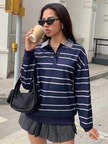 INAWLY Solva 女士休闲落肩条纹卫衣，秋冬款 - 藏蓝色 - 查看 6
