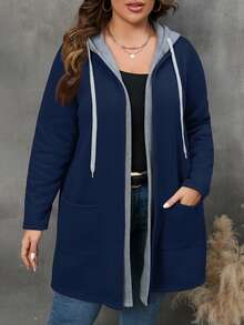 SHEIN PETITE CURVE Abrigo con capucha con cordón y bolsillos para mujer talla grande de invierno - Azul - Ver 5