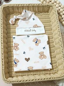 SHEIN 2件套新生儿摄影包巾，可爱小熊印花弹力婴儿襁褓毯，配同款睡帽，新生儿男女宝宝摄影道具