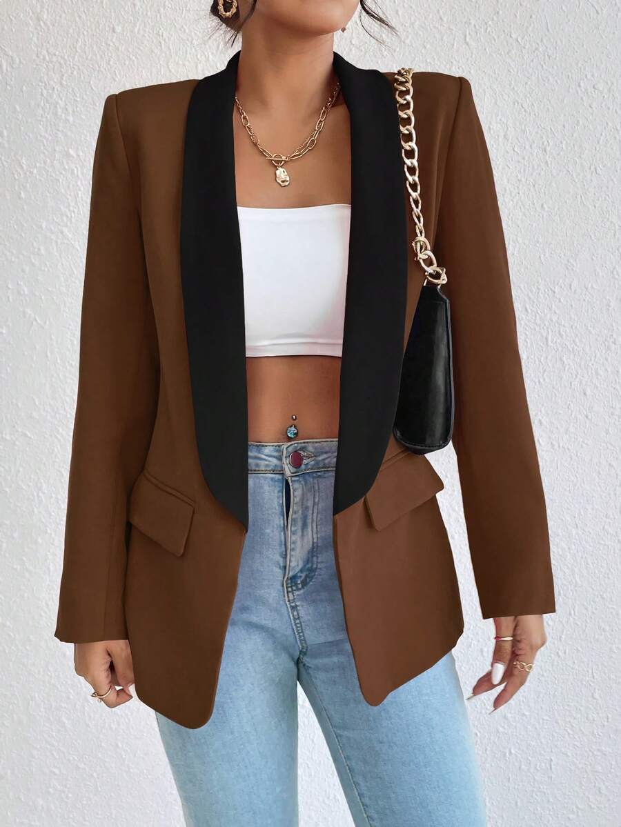SHEIN Unity Women's Contrast Color Shawl Collar Pocket Business Formal Blazer - Brown - View 1
