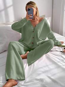 EURMUSE Drop Shoulder Cardigan & Tie Front Knit Pants - Mint Green - View 6