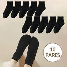10 Pares de Calcetines Lisos Tobilleros Para Mujer, Calcetines Unitalla - Negro - Ver 1