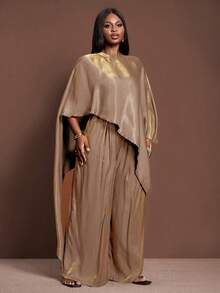 Veslaya 2025新款加大码女装冬季亮面面料斗篷式上衣宽松长裤两件套，适合圣诞节/新年/派对/展现女性优雅气质/闪亮两件套/感恩节/正式场合穿着 - 藕粉色 - 查看 4