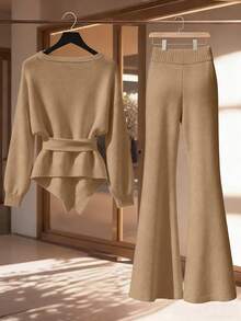 Franclia 2件套女士休闲宽松时尚优雅通勤高品质针织毛衣套装，秋冬季 - 駝色 - 查看 2